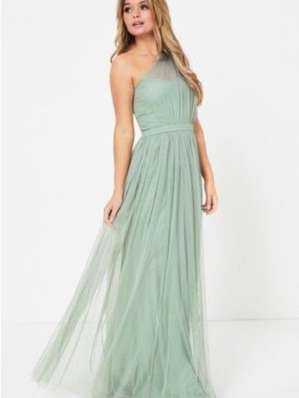 After Six One-Shoulder Sage Green Tulle Gown